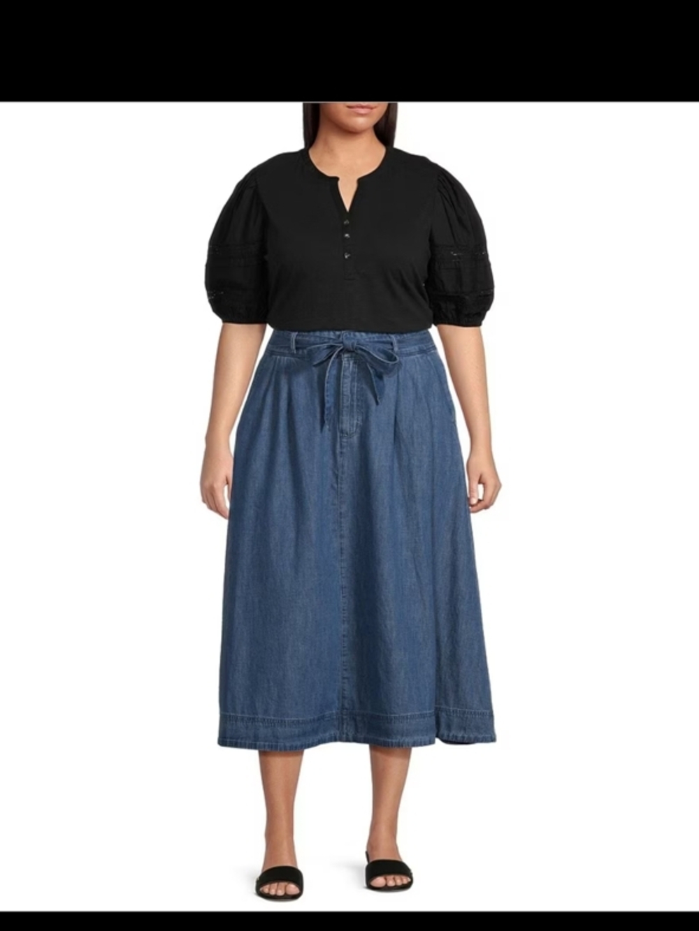 Denim Midi Skirt with Tie Waist - Blue